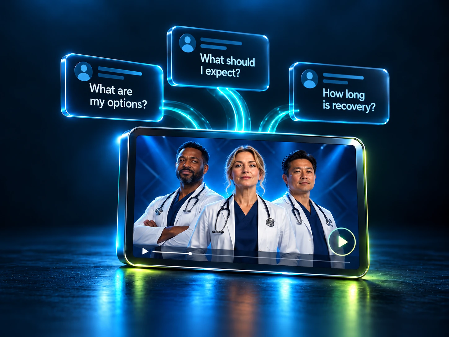 Patient questions connect to a video featuring three confident doctors in white coats